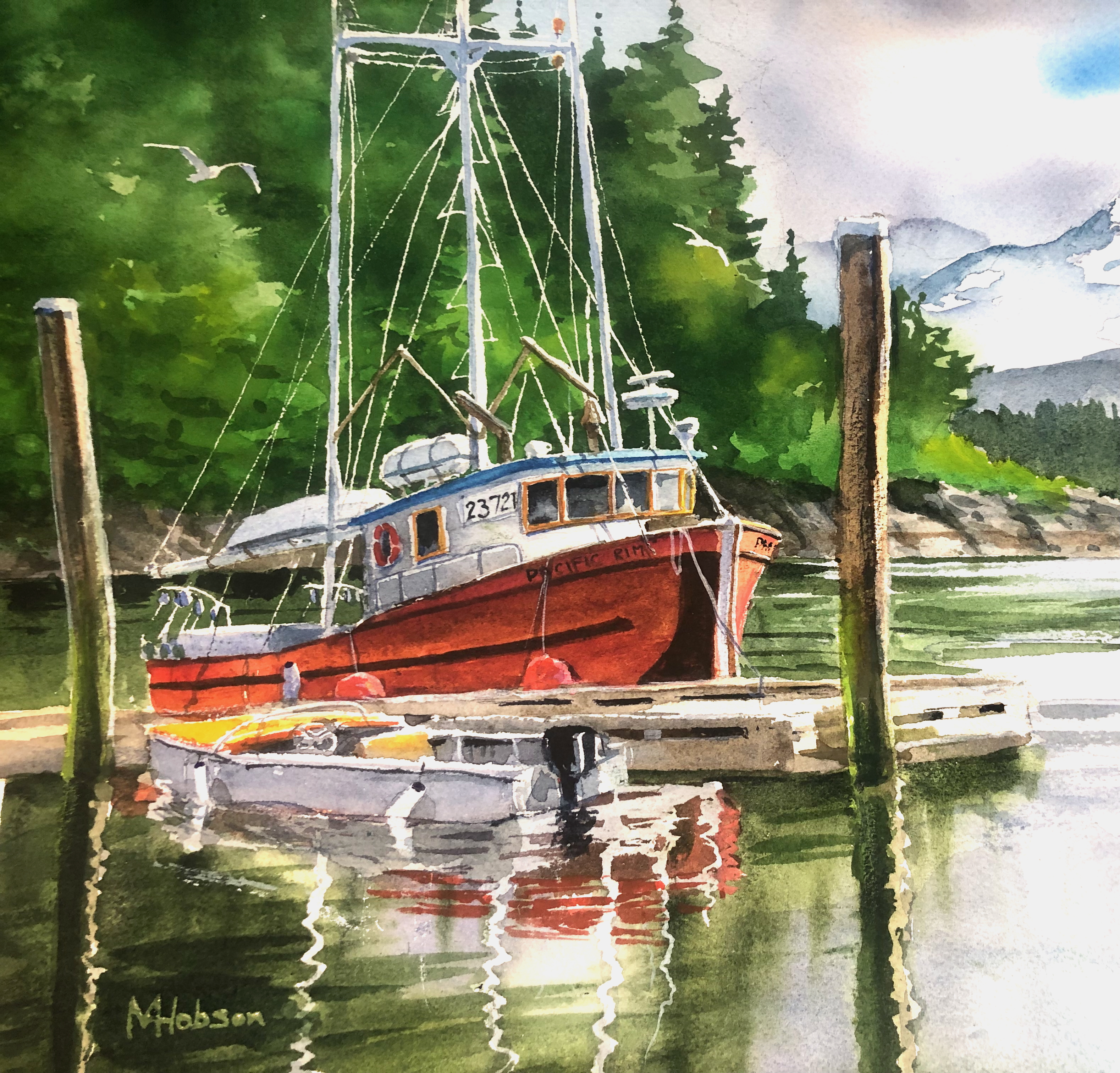Red-Hulled-Fish-Boat--Watercolour-10.5-x-10