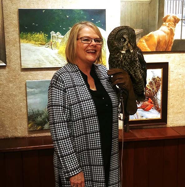 Wild North Donation from Picture This - Robert Bateman Event 2019 - Carol with Ray the Gray Gray Owl